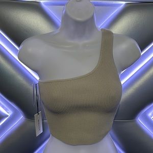 Aritzia color matte pearl Babaton Sculpt Knit One-Shoulder Cropped Tank